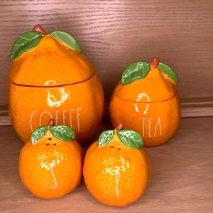 🆕️ ~ Rae Dunn Orange COFFEE, TEA Canisters, Salt & Pepper Shaker Bundle